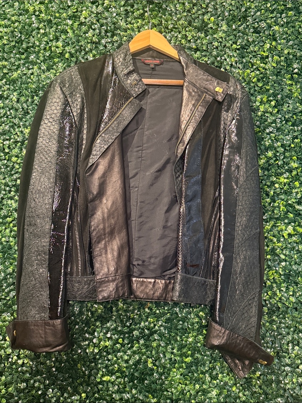 Roberto Cavalli Black Mixed-Finish Leather Jacket